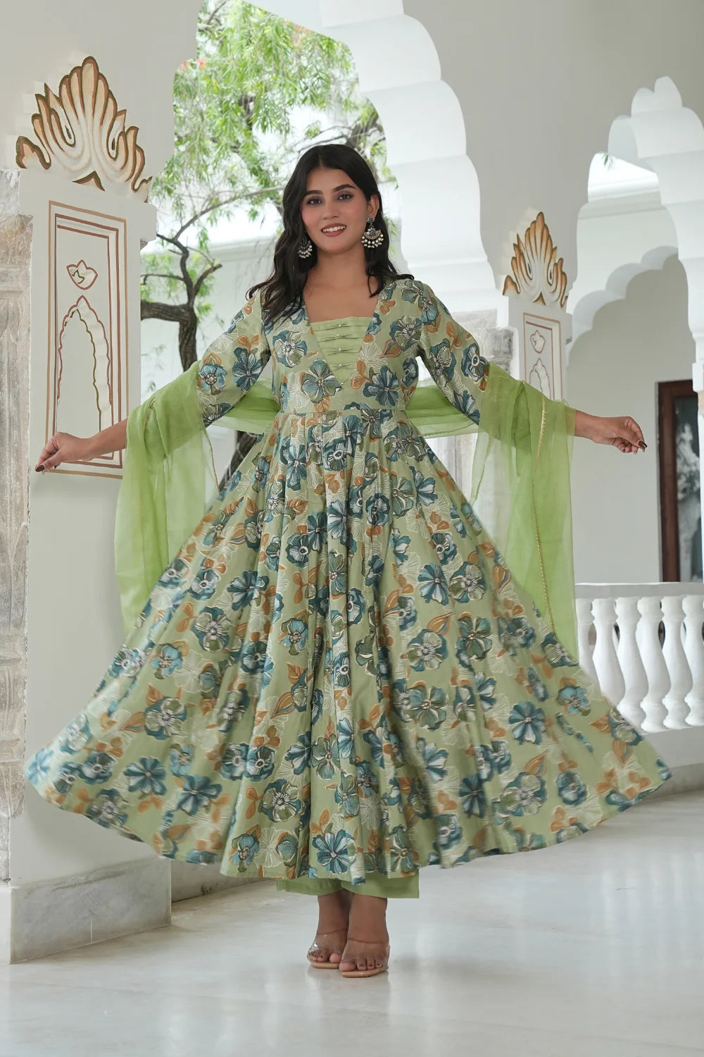 Front view of green moti anarkali dress with floral print