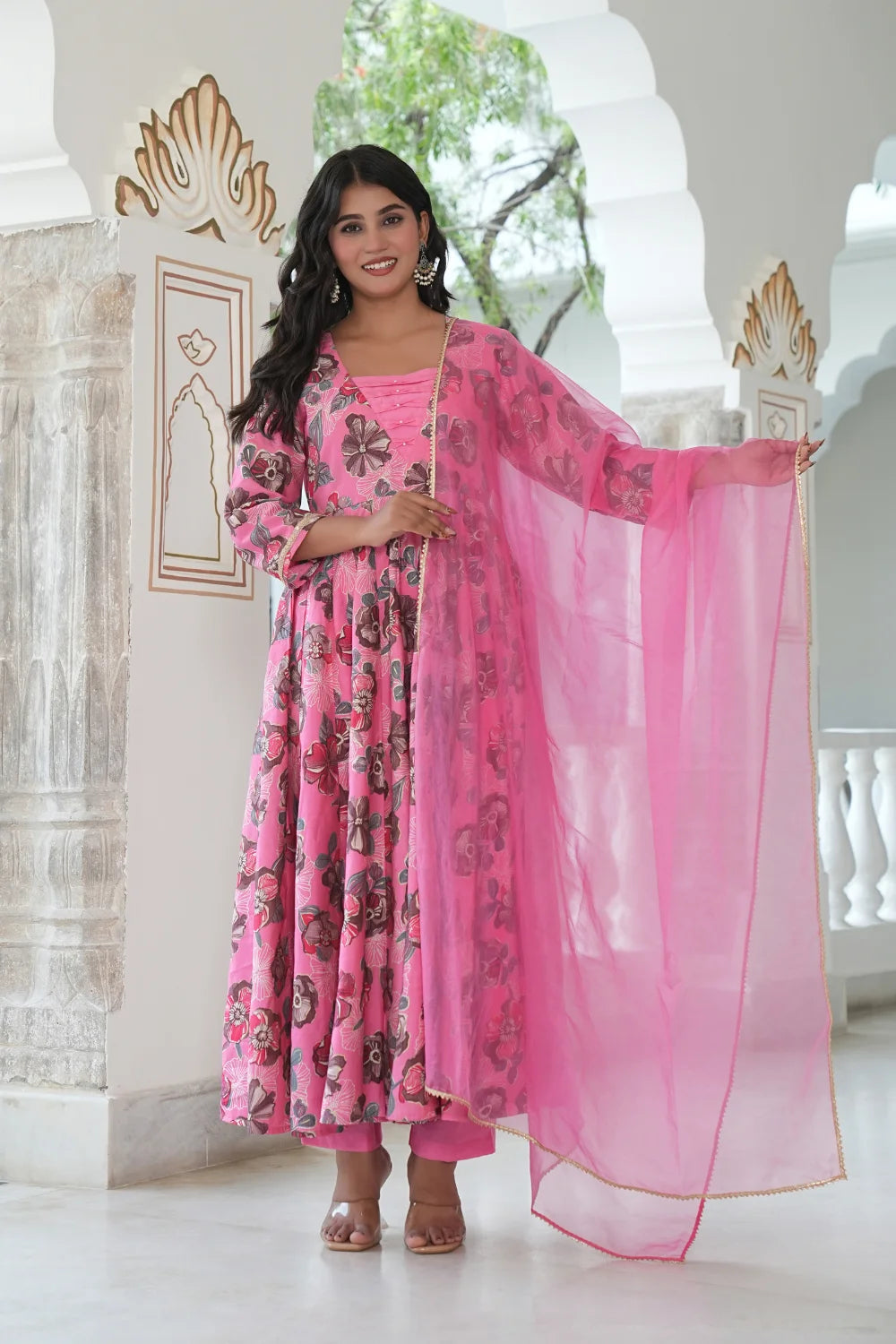 Front view of pink moti anarkali dress with floral print