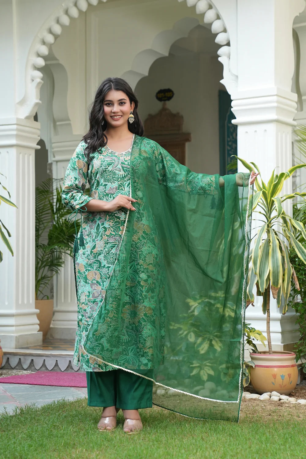 Front view of hand‑work green 3‑piece kurti set with dupatta