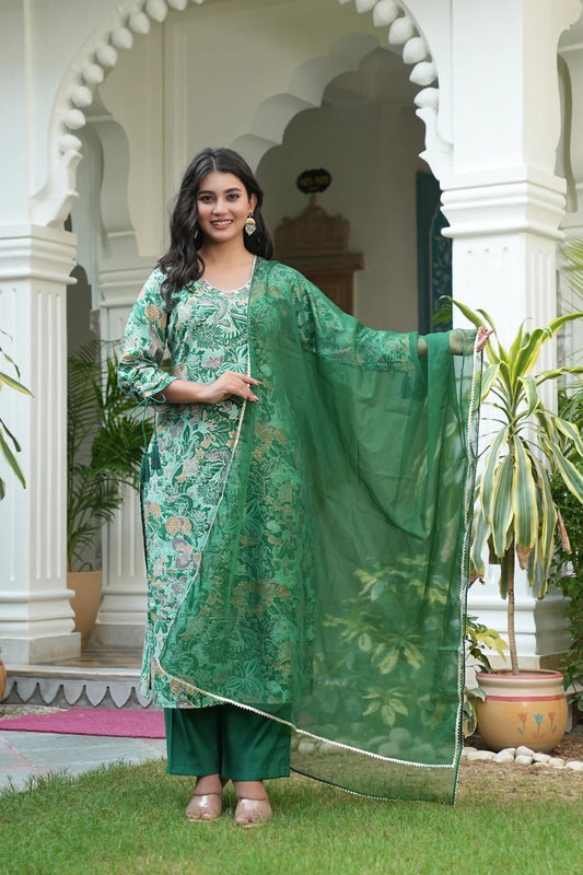 Front view of hand‑work green 3‑piece kurti set with dupatta
