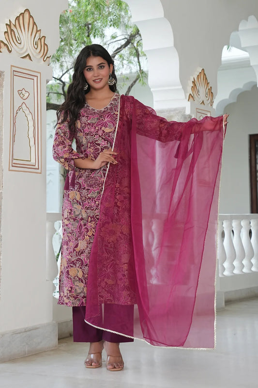 Front view of hand‑work purple 3‑piece kurti set with dupatta