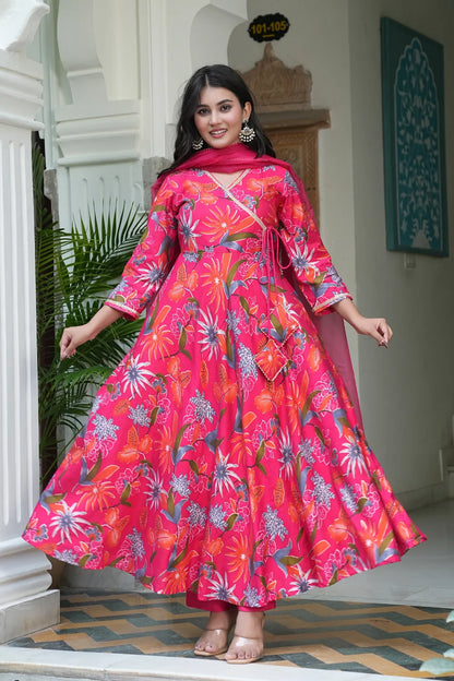 Front view of pink Bandhgala anarkali dress with dupatta