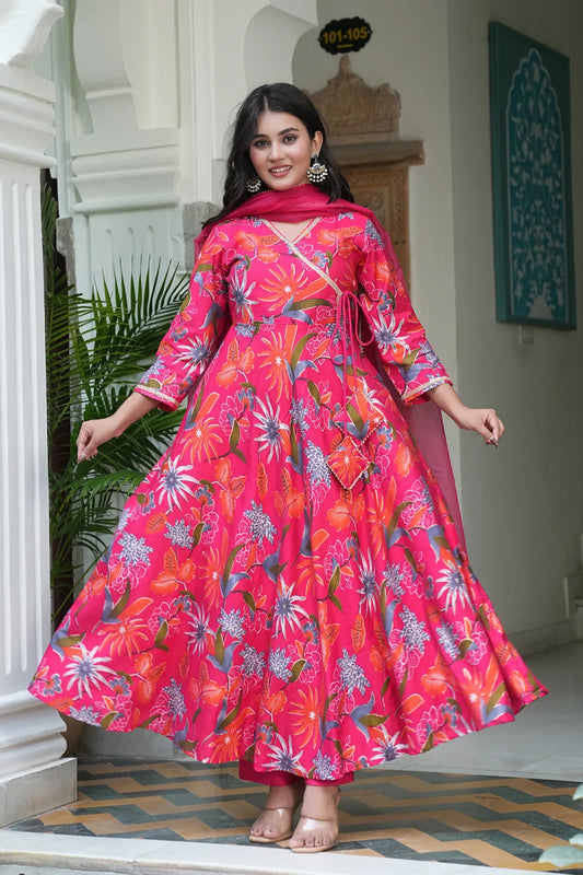 Front view of pink Bandhgala anarkali dress with dupatta