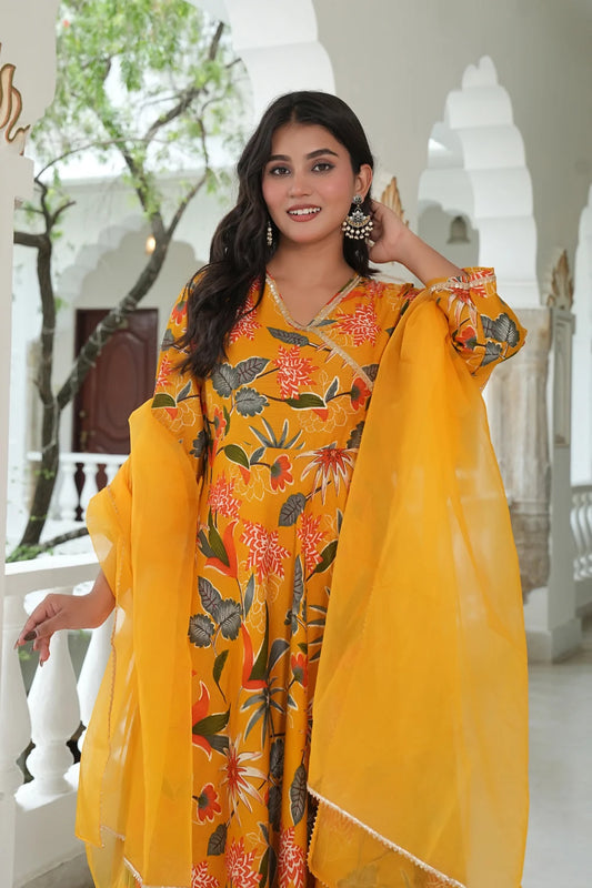 Front view of yellow Bandhgala anarkali dress with dupatta